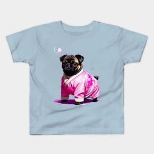 Tranquil Pug in Pink Hanbok Enjoying the Serenity of Moonlight Kids T-Shirt